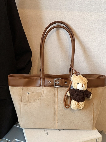Μεγάλης Χωρητικότητας Σουέτ Patchwork Τσάντα Tote για Γυναίκες Βίντατζ Τσάντα Ώμου Με Κρεμαστό Αρκουδάκι Λεπτομέρεια Ραφών