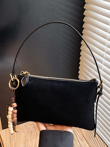 Vintage Wildleder Unterarmtasche Für Damen Matte Retro Schultertasche Mit Holzperlen Quaste Lässige Einfache Tote Commuter Bag