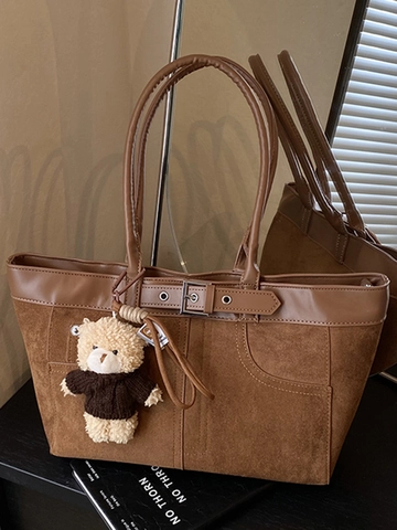 Μεγάλης Χωρητικότητας Σουέτ Patchwork Τσάντα Tote για Γυναίκες Βίντατζ Τσάντα Ώμου Με Κρεμαστό Αρκουδάκι Λεπτομέρεια Ραφών
