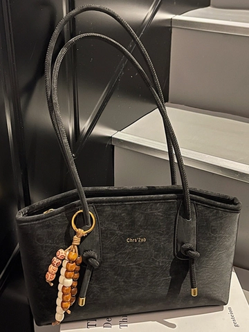 Borsa Tote in Pelle PU Donna Grande Capacità Con Nappa di Perle in Legno Borsa a Spalla Casual Urbana per Lavoro Quotidiano