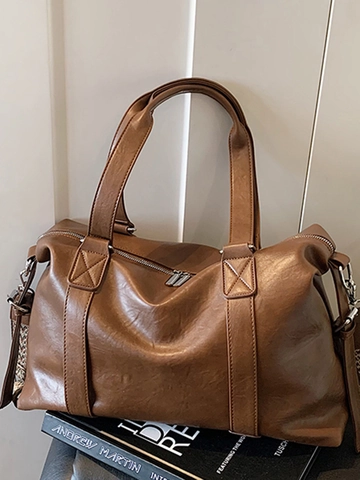 Damen Vintage PU Leder Tragetasche Große Kapazität Boston Umhängetasche Mit Breitem Gewebtem Gurt Lässige Pendler Handtasche