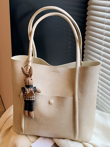 Women Retro PU Leather Tote Bag Large Capacity Shoulder Bag With Rabbit Charm Minimalist Casual Office Handbag