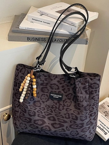 Sac Fourre-Tout Rétro en Daim Imprimé Léopard Grande Capacité Sac à Épaule pour Femmes Avec Charme en Perles de Bois Mode Main