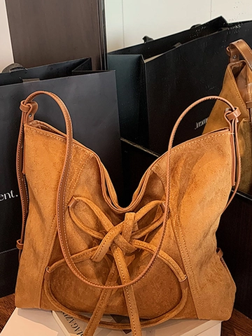 Vintage Große Kapazität PU-Wildleder Schultertasche Für Damen Mode Schleife Deko Hobo Tote Bag Kontrastnaht Handtasche Reise