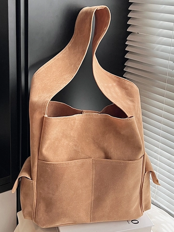 Women Suede Shoulder Tote Bag Retro Large Capacity Solid Color Crossbody Bucket Bag Simple Urban Commuter Handbag