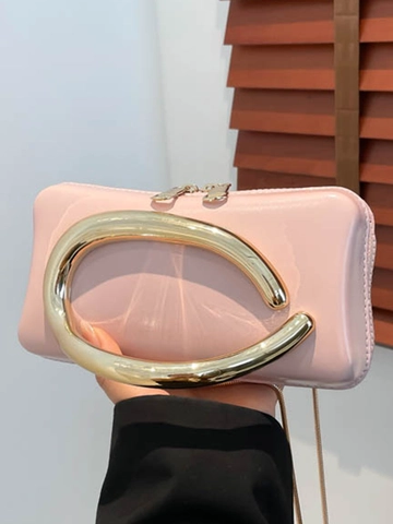 Borsa a Tracolla da Donna in Pelle PU Minimalista Moderna Con Manico Metallico a Forma di C Catena Lucida Borsetta per Festa