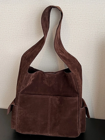 Women Suede Shoulder Tote Bag Retro Large Capacity Solid Color Crossbody Bucket Bag Simple Urban Commuter Handbag