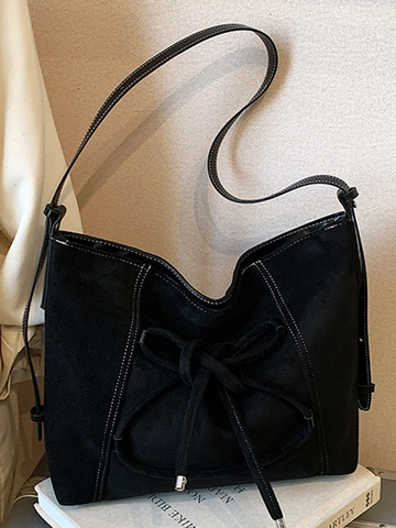 Vintage Große Kapazität PU-Wildleder Schultertasche Für Damen Mode Schleife Deko Hobo Tote Bag Kontrastnaht Handtasche Reise
