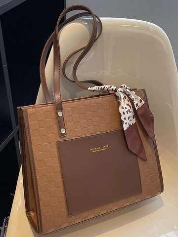 Dames Grote Capaciteit Schaakbord PU Leer Tote Bag Woon-werkverkeer Schoudertas Met Decoratieve Sjaal Mode Okseltas Handtas