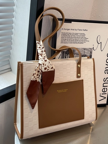 Dames Grote Capaciteit Schaakbord PU Leer Tote Bag Woon-werkverkeer Schoudertas Met Decoratieve Sjaal Mode Okseltas Handtas