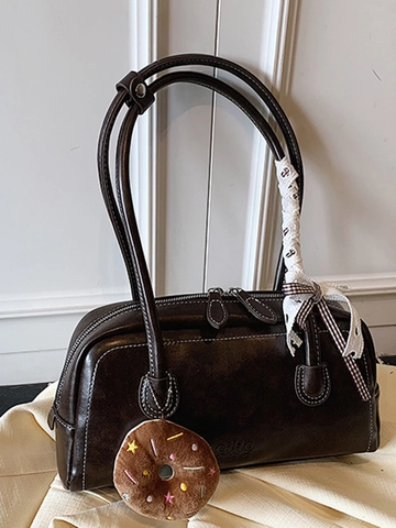 Vintage PU Leather Underarm Shoulder Bag For Women Large Capacity Pillow Bag With Lace Bow Donut Pendant Stitching Handbag