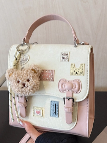 Sac Bandoulière pour Femme en Cuir PU à la Mode Avec Patch de Broderie et Porte-clés Ours Style Preppy Sac à Main