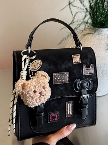 Sac Bandoulière pour Femme en Cuir PU à la Mode Avec Patch de Broderie et Porte-clés Ours Style Preppy Sac à Main