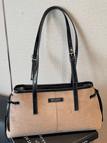 Women Retro Suede PU Leather Shoulder Bag Fashion Stitching Large Capacity Commuter Underarm Tote Bag With Adjustable Strap