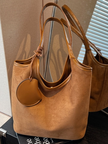 Borsa Tote Minimalista In Ecopelle Effetto Scamosciato Per Donna Retro Grande Capacità Borsa A Spalla Con Ciondolo Portamonete