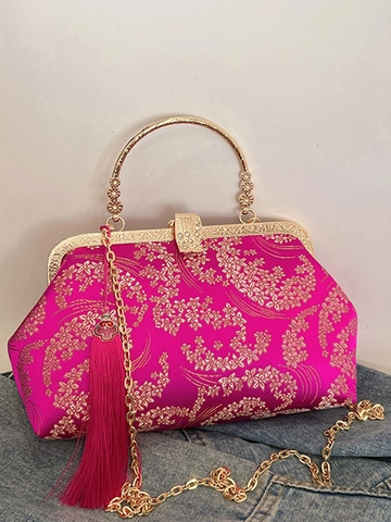 Traditional Chinese Style Embroidered Satin Shell Shoulder Bag With Tassel Metal Handle Chain Crossbody Bag For Women Evening Party