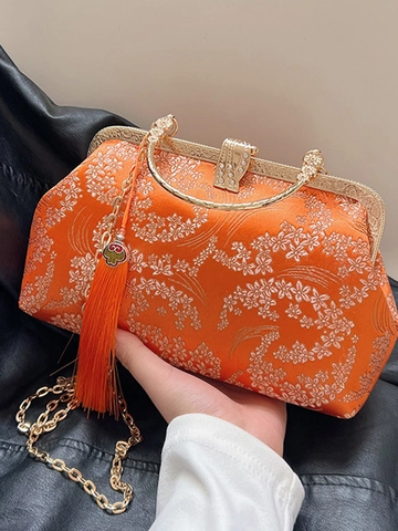Traditional Chinese Style Embroidered Satin Shell Shoulder Bag With Tassel Metal Handle Chain Crossbody Bag For Women Evening Party