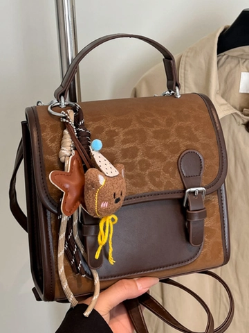 Vintage Dames Luipaardprint PU Leer Mini Rugzak Verstelbare Schouder Crossbody Tas Met Schattige Teddybeer Hanger Mode Handtas