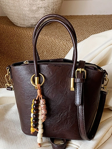 Vintage PU Leder Damen Bucket Bag Mit Großer Kapazität Schultertasche Casual Nähte Handtasche Mit Perlenanhänger Retro Tote