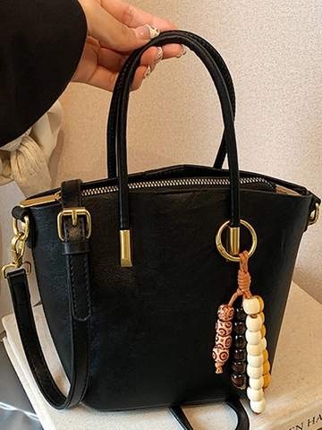 Vintage PU Leder Damen Bucket Bag Mit Großer Kapazität Schultertasche Casual Nähte Handtasche Mit Perlenanhänger Retro Tote