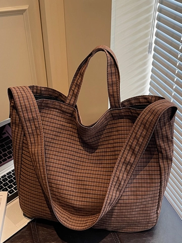 Damen Große Kapazität Karierte Leinwand Einkaufstasche 2025 Herbst Neue Mode Lässige Pendler Schultertasche Lazy Style Umhängetasche