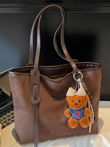 Retro Large Capacity Tote Bag For Women Flannel Shoulder Bag Minimalist Commute Handbag With Plush Bear Pendant