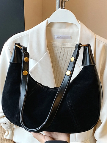 Vintage Damen Wildleder PU Spleiß Halbmond Hobo Tasche Lässige Umhängetasche Mit Ziernaht Details Goldene Hardware