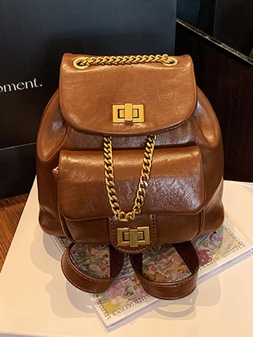 Damen Retro PU-Leder Mini-Rucksack Koreanischer Stil Kette Eimer Tasche Für Schule Ausflug Alltag Mode Kleiner Rucksack Geschenk