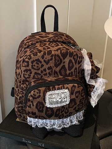 Damen Retro Leopardenmuster Mini Rucksack Mit Spitze Schleife Schicker Wildleder Student Schultasche Mode Pendler Daypack