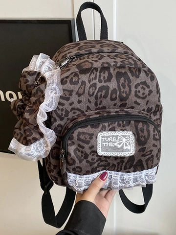 Damen Retro Leopardenmuster Mini Rucksack Mit Spitze Schleife Schicker Wildleder Student Schultasche Mode Pendler Daypack