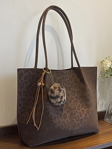 Damen Retro Leopardenmuster PU Leder Tragetasche Große Kapazität Umhängetasche Mit Plüsch Herz Anhänger Mode Büro Pendeln Handtasche