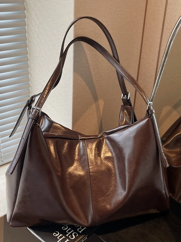 Vintage Large Capacity Tote Bag For Women PU Leather Solid Color Pleated Shoulder Bag Commuter Hobo Bag With Adjustable Strap