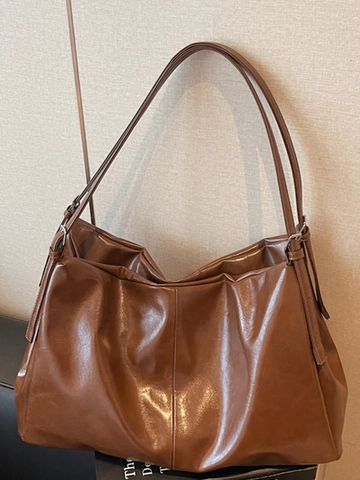 Vintage Large Capacity Tote Bag For Women PU Leather Solid Color Pleated Shoulder Bag Commuter Hobo Bag With Adjustable Strap