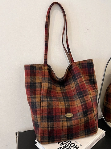 Grote Capaciteit Vrouwen Ruitjes Wollen Tote Bag Vintage Schoudertas Voor Dagelijks Woon Werkverkeer Mode Handtas Met Magnetische Gesp