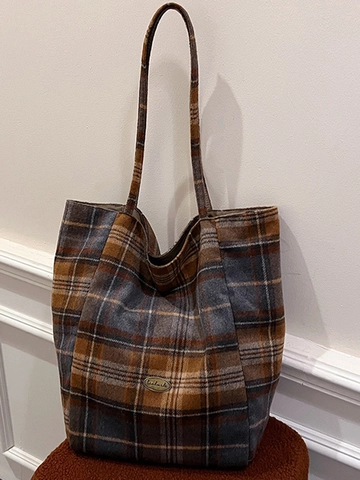 Grote Capaciteit Vrouwen Ruitjes Wollen Tote Bag Vintage Schoudertas Voor Dagelijks Woon Werkverkeer Mode Handtas Met Magnetische Gesp