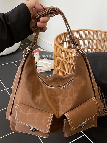 Sac à Épaule en Cuir PU Imprimé Léopard Rétro pour Femmes Grande Capacité Multi-poches Surpiqûres Contrastées Sac Hobo