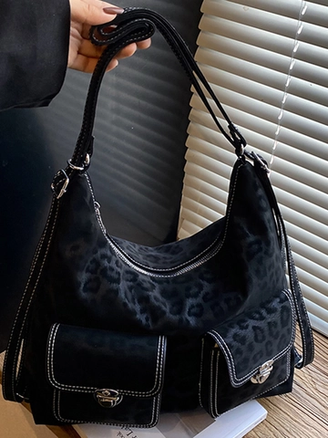 Sac à Épaule en Cuir PU Imprimé Léopard Rétro pour Femmes Grande Capacité Multi-poches Surpiqûres Contrastées Sac Hobo