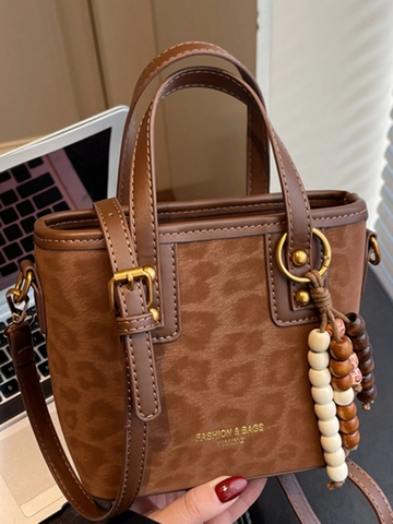 Vintage Damen Leopardenmuster Beuteltasche Urban Einfache Handtasche Umhängetasche Mit Perlenverzierung Mode PU Leder Schultertasche