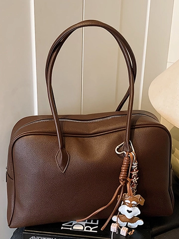 Borsa a Spalla in Pelle PU Vintage di Grande Capacità per Donna Borsa Tote con Grana di Litchi Ciondolo Cane Pendolarismo