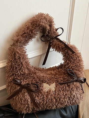 Minimalist Plush Faux Fur Shoulder Bag For Women Sweet Bowtie Metal Butterfly Decor Tote Handbag Autumn Winter Fashion Commuter Bag