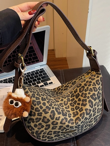Damen Mode Leopardenmuster Hobo Tasche Vintage Stoff Halbmond Umhängetasche Mit Plüsch Anhänger Verstellbarem Riemen