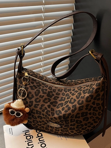 Damen Mode Leopardenmuster Hobo Tasche Vintage Stoff Halbmond Umhängetasche Mit Plüsch Anhänger Verstellbarem Riemen