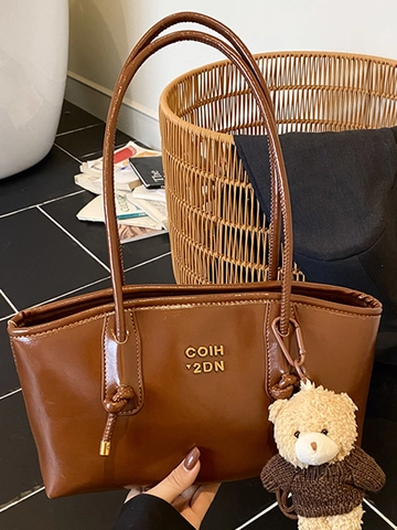Vintage Large Capacity PU Leather Tote Bag For Women Glossy Retro Commuter Shoulder Bag With Plush Bear Pendant Handbag