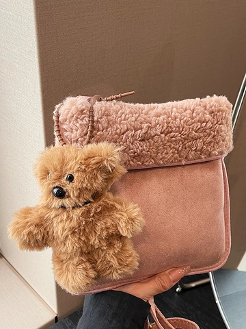 Women Cute Plush Patchwork Suede Crossbody Bag With Bear Pendant Sherpa Trim Small Square Shoulder Bag For Winter