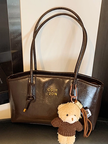 Vintage Large Capacity PU Leather Tote Bag For Women Glossy Retro Commuter Shoulder Bag With Plush Bear Pendant Handbag