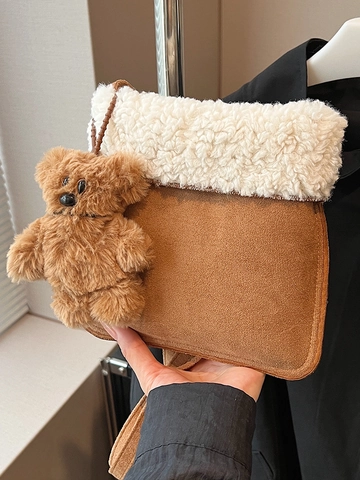 Women Cute Plush Patchwork Suede Crossbody Bag With Bear Pendant Sherpa Trim Small Square Shoulder Bag For Winter