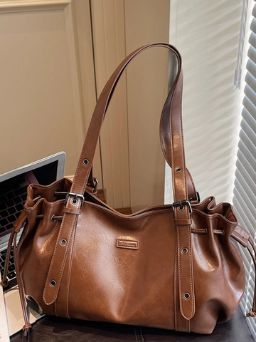 Bolso de Hombro de Cuero PU de Gran Capacidad Para Mujer Bolso Tote Vintage Retro Con Cordón Puntadas Bolso de Trabajo