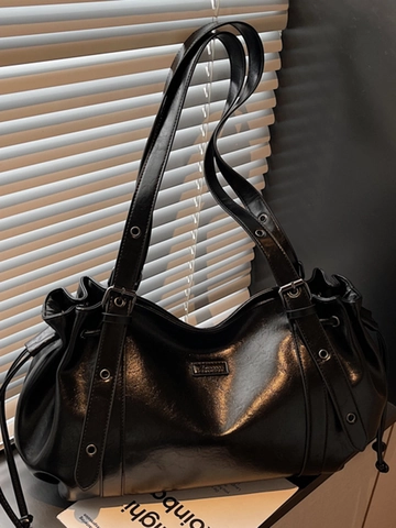 Bolso de Hombro de Cuero PU de Gran Capacidad Para Mujer Bolso Tote Vintage Retro Con Cordón Puntadas Bolso de Trabajo