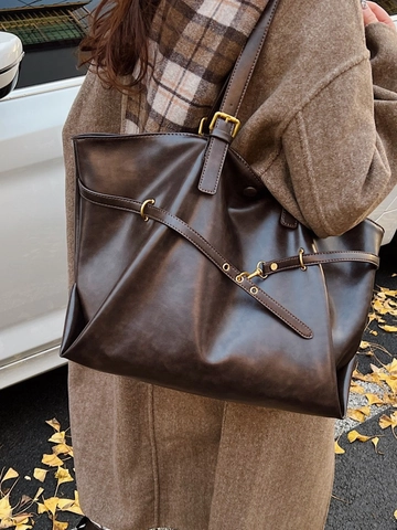 Vintage Grote Capaciteit Polyester Tote Tas Voor Vrouwen Retro Zachte PU Stijl Schoudertas Dagelijks Woon-werkverkeer Handtas