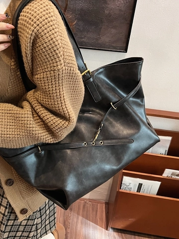 Vintage Grote Capaciteit Polyester Tote Tas Voor Vrouwen Retro Zachte PU Stijl Schoudertas Dagelijks Woon-werkverkeer Handtas